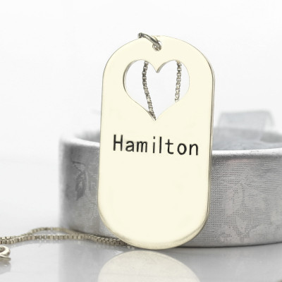 Solid White Gold Couples Name Dog Tag Necklace Set with Cut Out Heart
