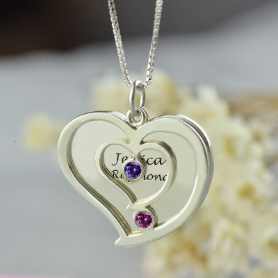 Solid White Gold Couples Birthstone Heart Name Necklace