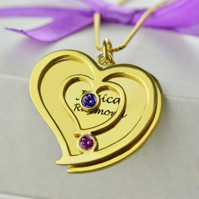 His Her Birthstone Heart Name Necklace - 18CT Gold