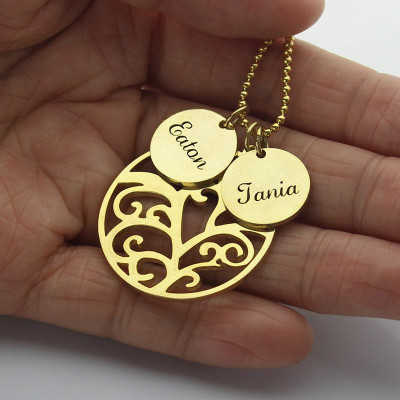Solid Gold Family Tree Necklace With Name Charm For Mom