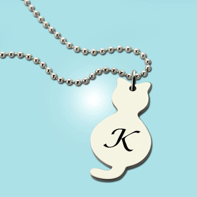 Solid Gold Tiny Cat Initial Pendant Name Necklace