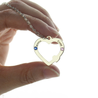 Solid White Gold Double Name Open Heart Necklace with Birthstone