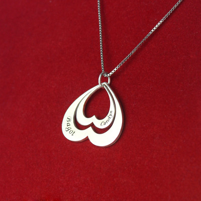 Solid White Gold Double Heart Pendant With Names For Her