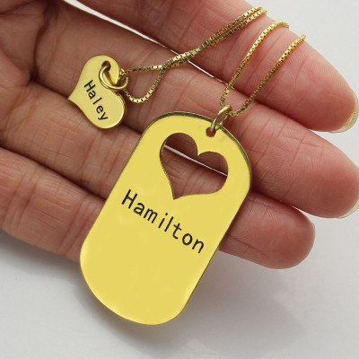 Solid Gold Matching Heart Couples Name Dog Tag Necklaces