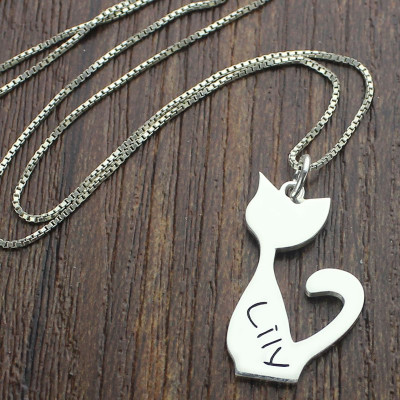 White Gold Personalised Cat Name Charm Necklace