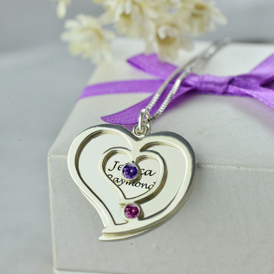 Solid White Gold Couples Birthstone Heart Name Necklace