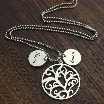 Solid Gold Family Tree Name Necklace with Custom Name Charm