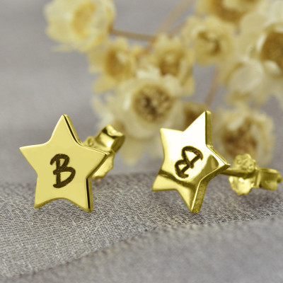 Star Stud Initial Earrings - Solid Gold