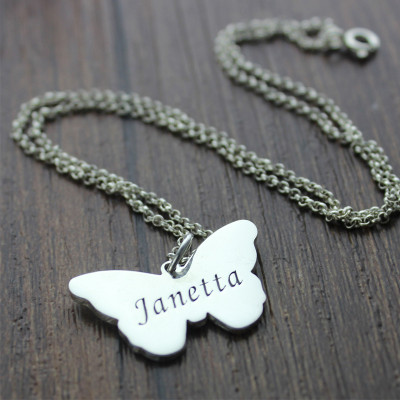Solid White Gold Charming Butterfly Pendant Name Necklace