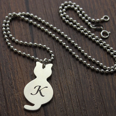 Solid Gold Tiny Cat Initial Pendant Name Necklace