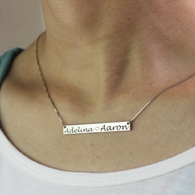 Solid White Gold Couple Bar Necklace Engraved Name