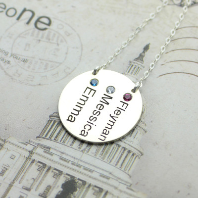 Solid Gold Disc Name Necklace With Names Birthstones