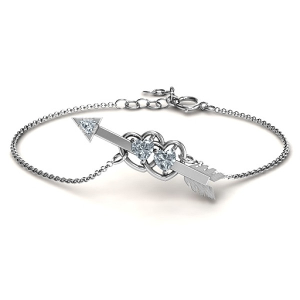 Solid White Gold Double Heart with Arrow and Two Heart Stones Promise Bracelet