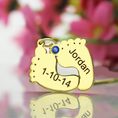 Birthstone Memory Baby Feet Charms with Date Name - 18CT Gold