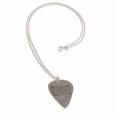 Solid White Gold British Flag Stamp Plectrum Name Necklace
