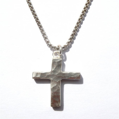 Solid Gold Chunky Hammered Cross Name Necklace