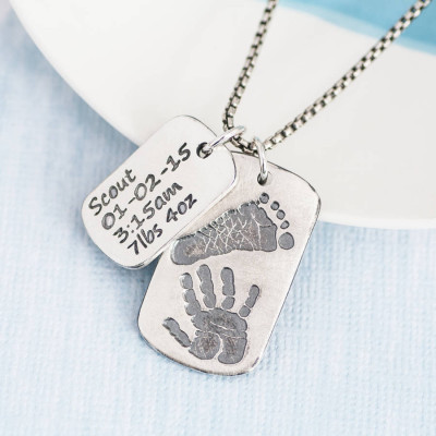 Solid Gold Dog Tag With Baby Prints And Birth Info Necklace - Two Pendants