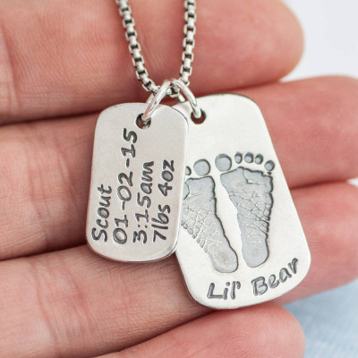 Solid Gold Dog Tag With Baby Prints And Birth Info Necklace - Two Pendants
