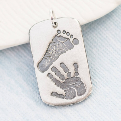 Solid Gold Footprint Handprint Mens Dog Tag Necklace - Two Pendants