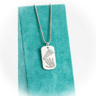 Solid Gold Footprint Handprint Mens Dog Tag Necklace - Two Pendants