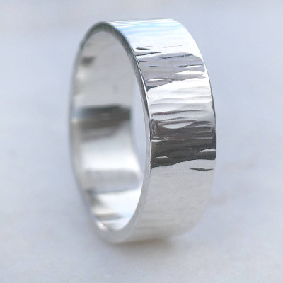 Hammered Solid White Gold Ring With Tree Bark Finish