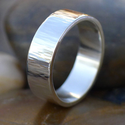 Hammered Solid White Gold Ring With Tree Bark Finish