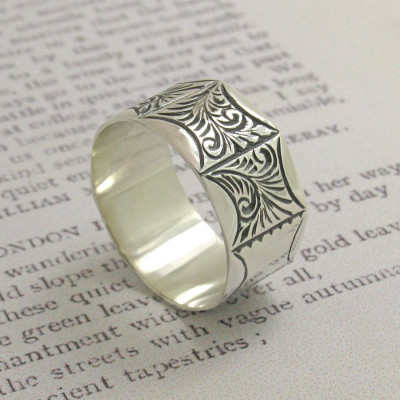 Mens Victorian Style Solid White Gold Ring