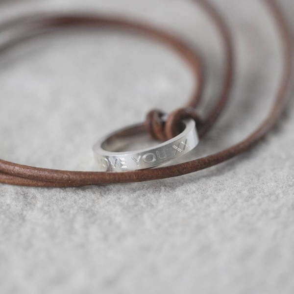 Leather Solid White Gold Ring Necklace