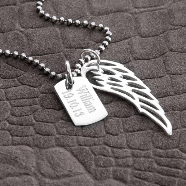 Personalised 18CT White Gold Wing And Dogtag Pendant