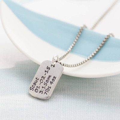 Solid Gold Dog Tag Necklace With Baby Birth Info