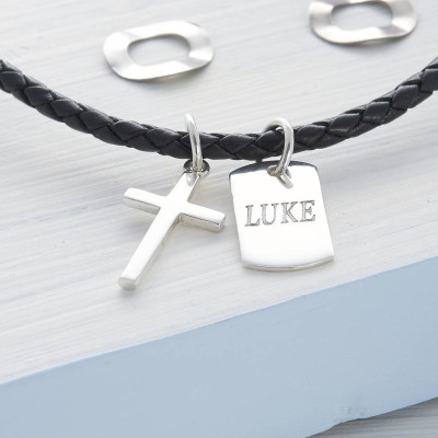 Solid White Gold Cross And Tag Leather Necklet
