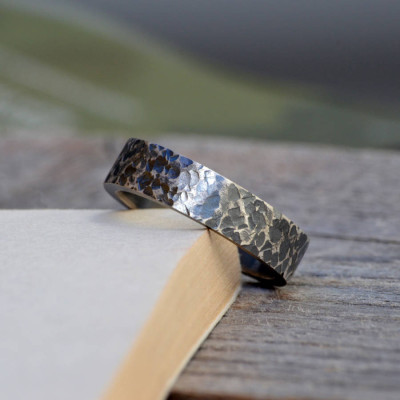 Solid Gold Textured Wedding Band In Oxidised