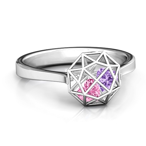 Diamond Cage Solid White Gold Ring with Encased Heart Stones