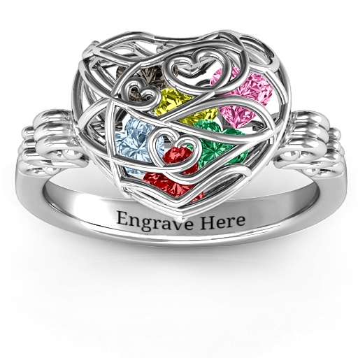Encased in Love Caged Hearts Solid White Gold Ring with Butterfly Wings Band