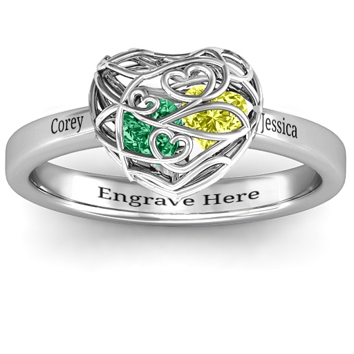 Encased in Love Petite Caged Hearts Solid White Gold Ring with Classic Band