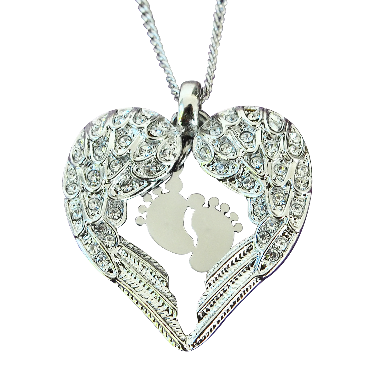 Solid White Gold Angels Heart Necklace with Feet Insert