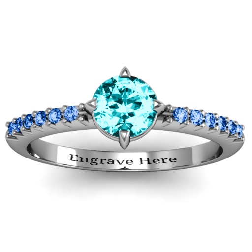 Centre Round Stone Solid White Gold Ring with Twin Accent Rows