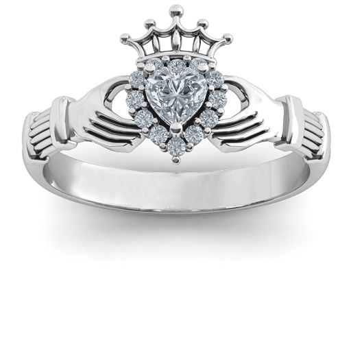 Claddagh with Halo Solid White Gold Ring
