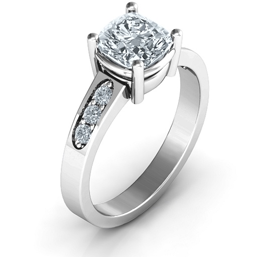 Cushion Cut Solitaire with Accents Solid White Gold Ring