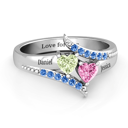 Diagonal Dream Solid White Gold Ring With Heart Stones