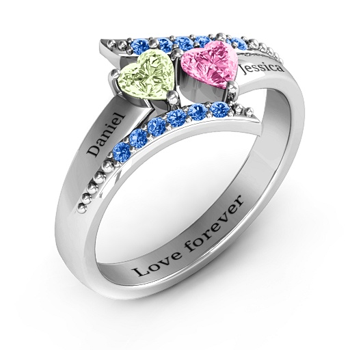 Diagonal Dream Solid White Gold Ring With Heart Stones