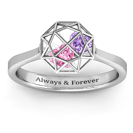 Diamond Cage Solid White Gold Ring with Encased Heart Stones