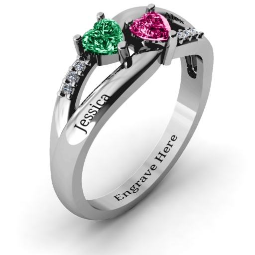 Dual Hearts with Accents Solid White Gold Ring