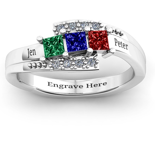 18CT White Gold Triple Princess Stone Ring with Accents