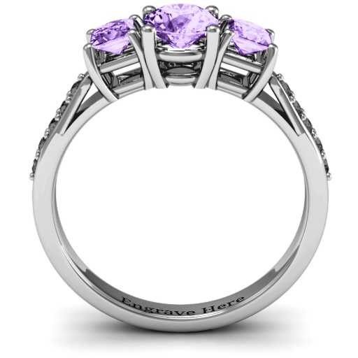 Three Stone Eternity Solid White Gold Ring with Twin Accent Rows