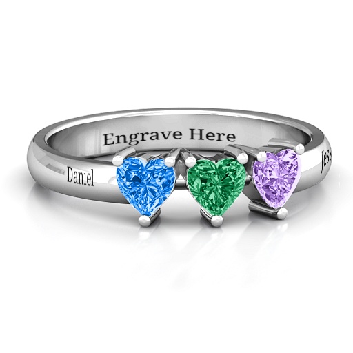 Triple Heart Stone Solid White Gold Ring