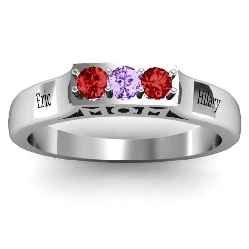 Triple Round Stone MOM Solid White Gold Ring