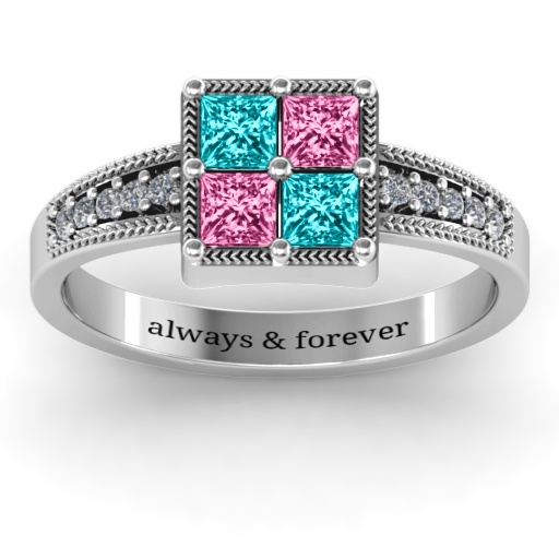 Vintage Princess Cut Solid White Gold Ring with Shoulder Accents