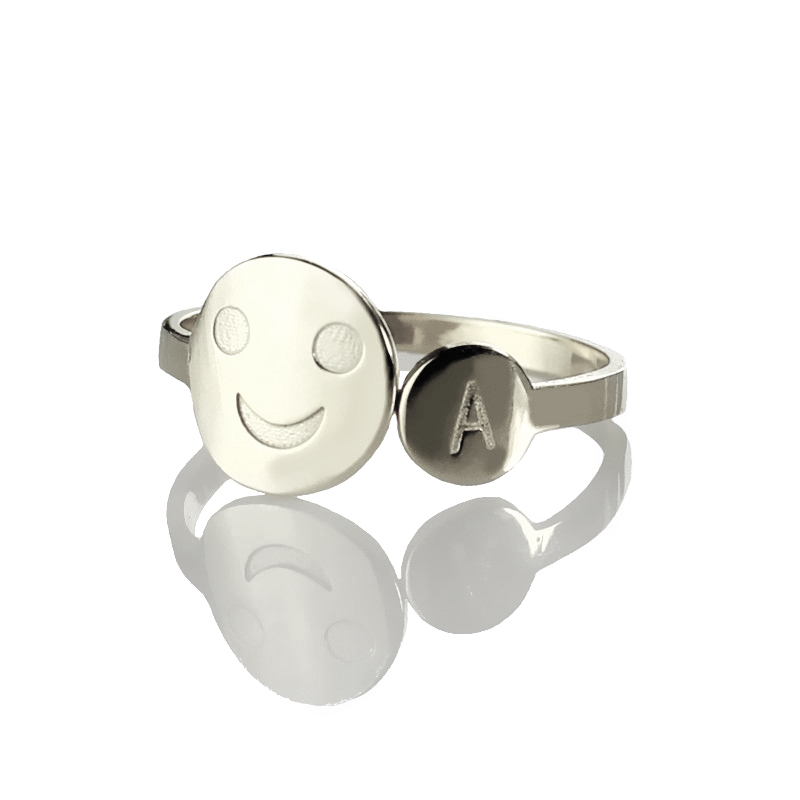 Smile Solid White Gold Ring with Initial
