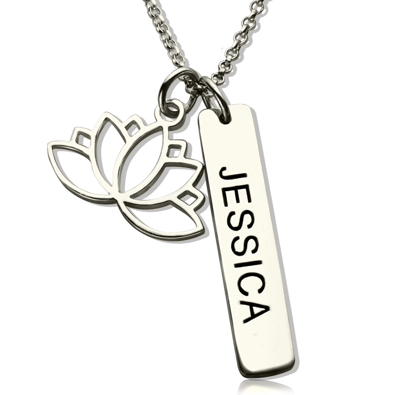 Solid Gold Yoga Necklace Lotus Flower Name Tag
